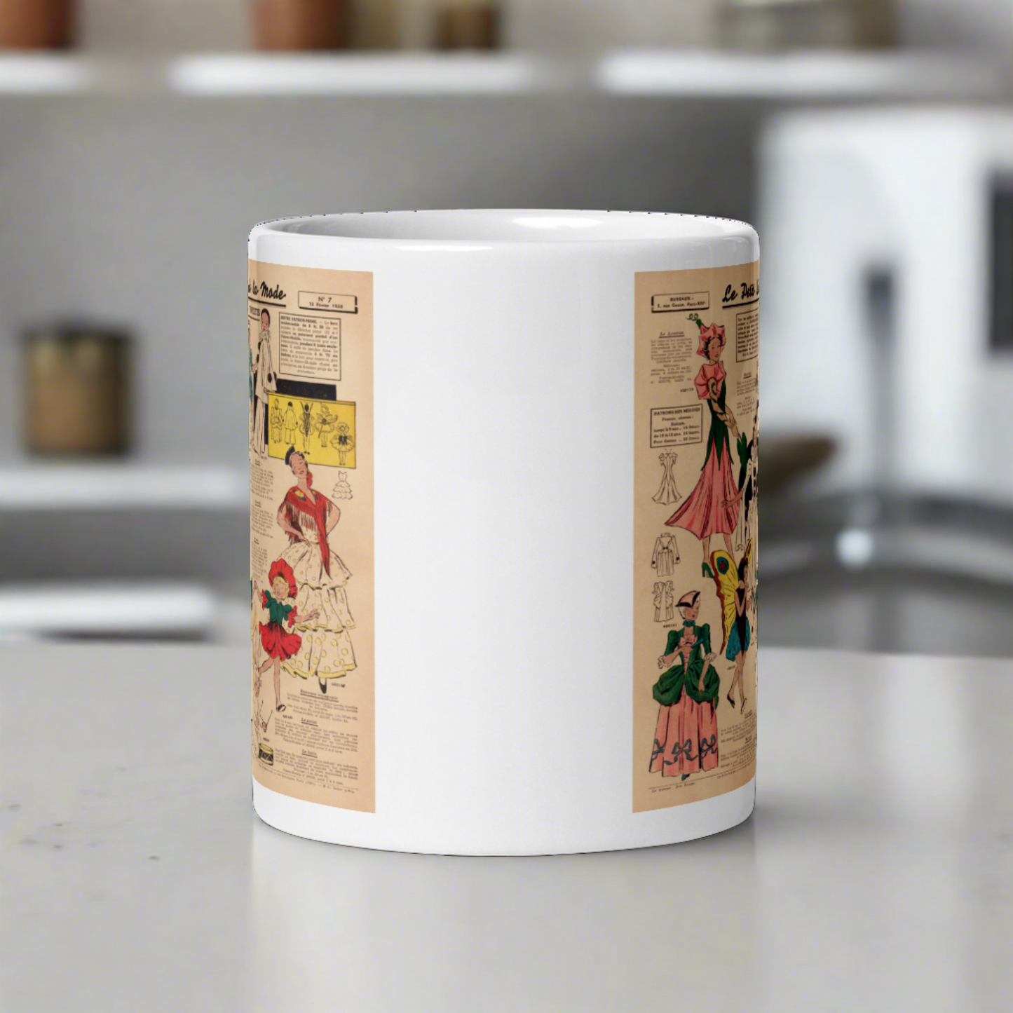 This ceramic glossy coffee mug features a page from a French Magazine from 1938 featuring Halloween Costume patterns.