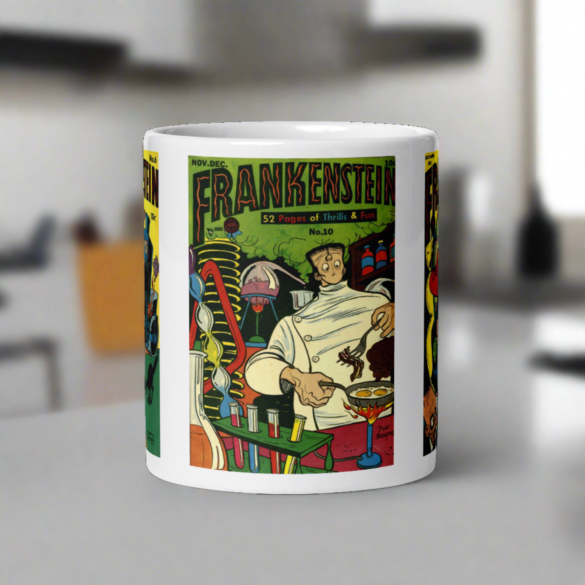 This white glossy mug features three covers from vintage comic book covers of Frankenstein. 