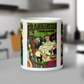 This white glossy mug features three covers from vintage comic book covers of Frankenstein. 