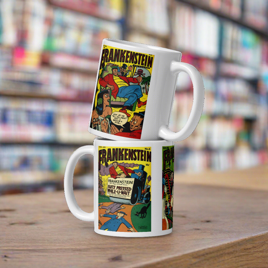 This white glossy mug features three covers from vintage comic book covers of Frankenstein. 