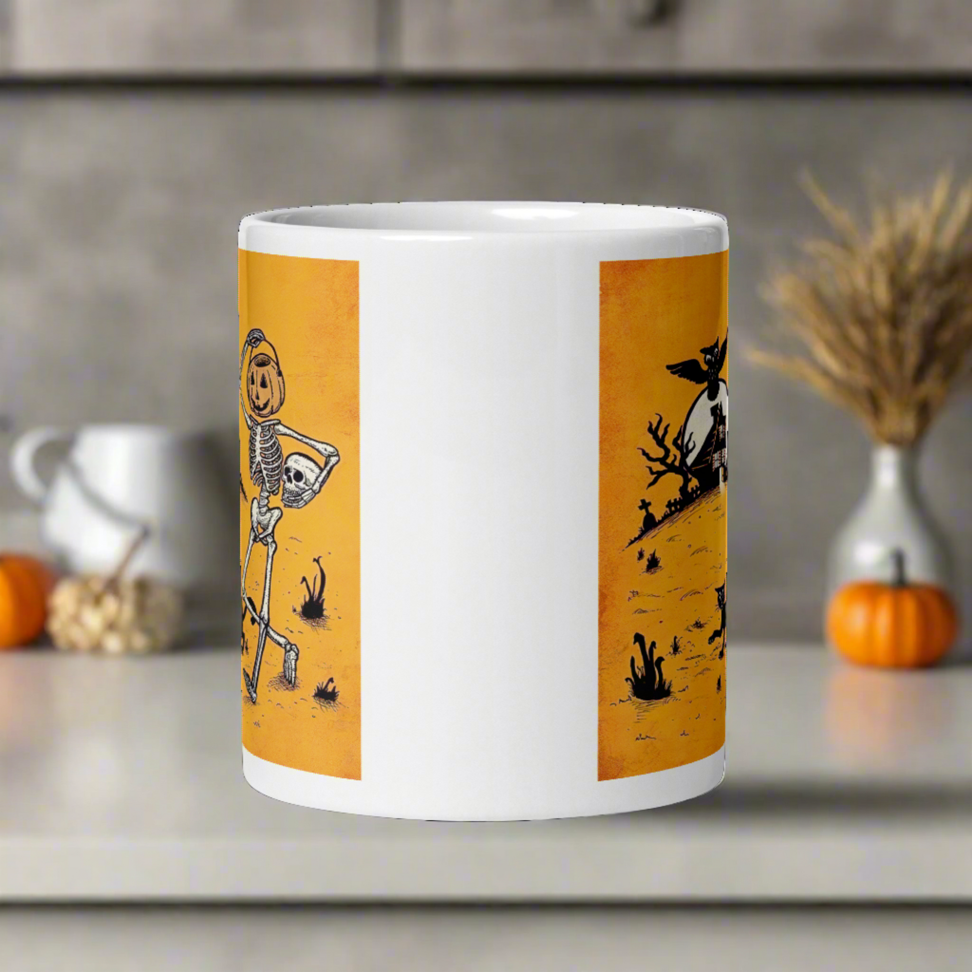 This ceramic glossy coffee mug features a vintage Halloween illustration of a skeleton with a jack o lantern for a head, a black cat, a black owl, a spooky house and a full moon. 