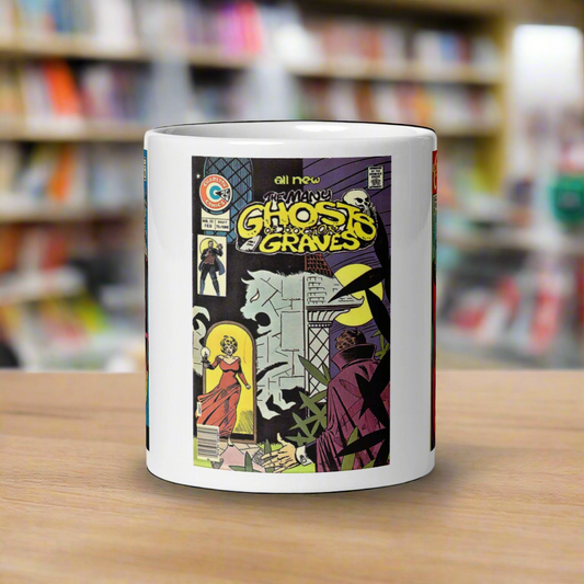 This glossy coffee mug features vintage horror comic book covers of The Many Ghosts of Dr. Graves. The three covers are issues #34 Oct, #55 Feb, and #24 February.