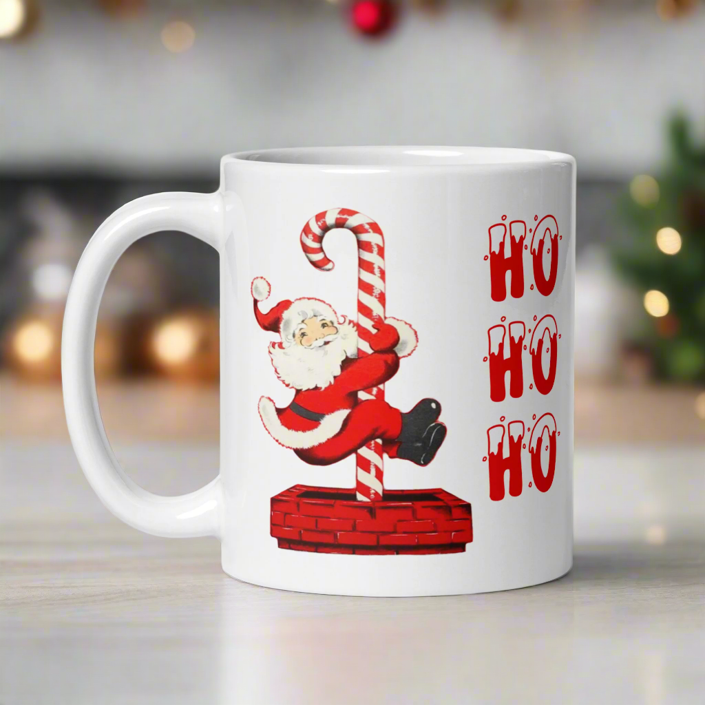 Ho Ho Ho Santa Sliding Down Candy Cane Chimney Mid Century Retro Christmas Print White Glossy Mug