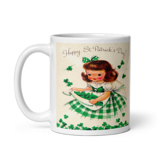 Mid Century Retro St. Patrick's Day Ceramic Coffee Mug - Kitschy Clover-Gathering Girl - Spring Decor - Three Size Options