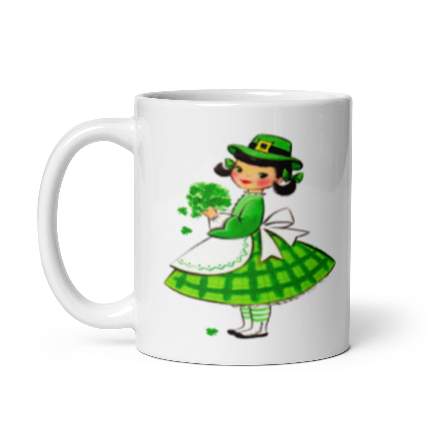 St. Patrick's Day Ceramic Coffee Mug - Mid Century Retro Irish Girl and Clover Print - Spring Kitsch Decor - Three Size Option