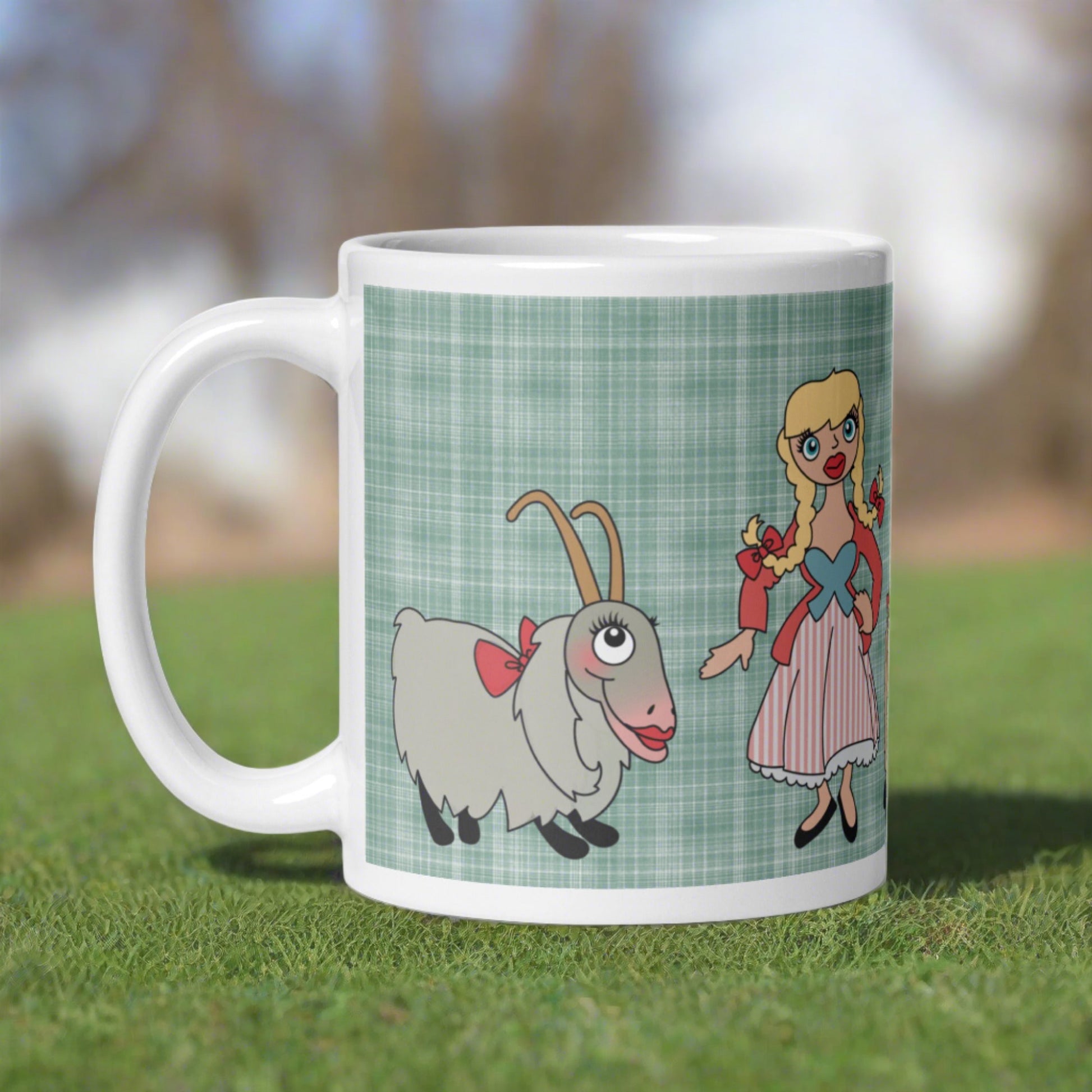 This ceramic glossy coffee mug features characters from the Lonely Goatherd scene in The Sound of Music with a plaid green background.