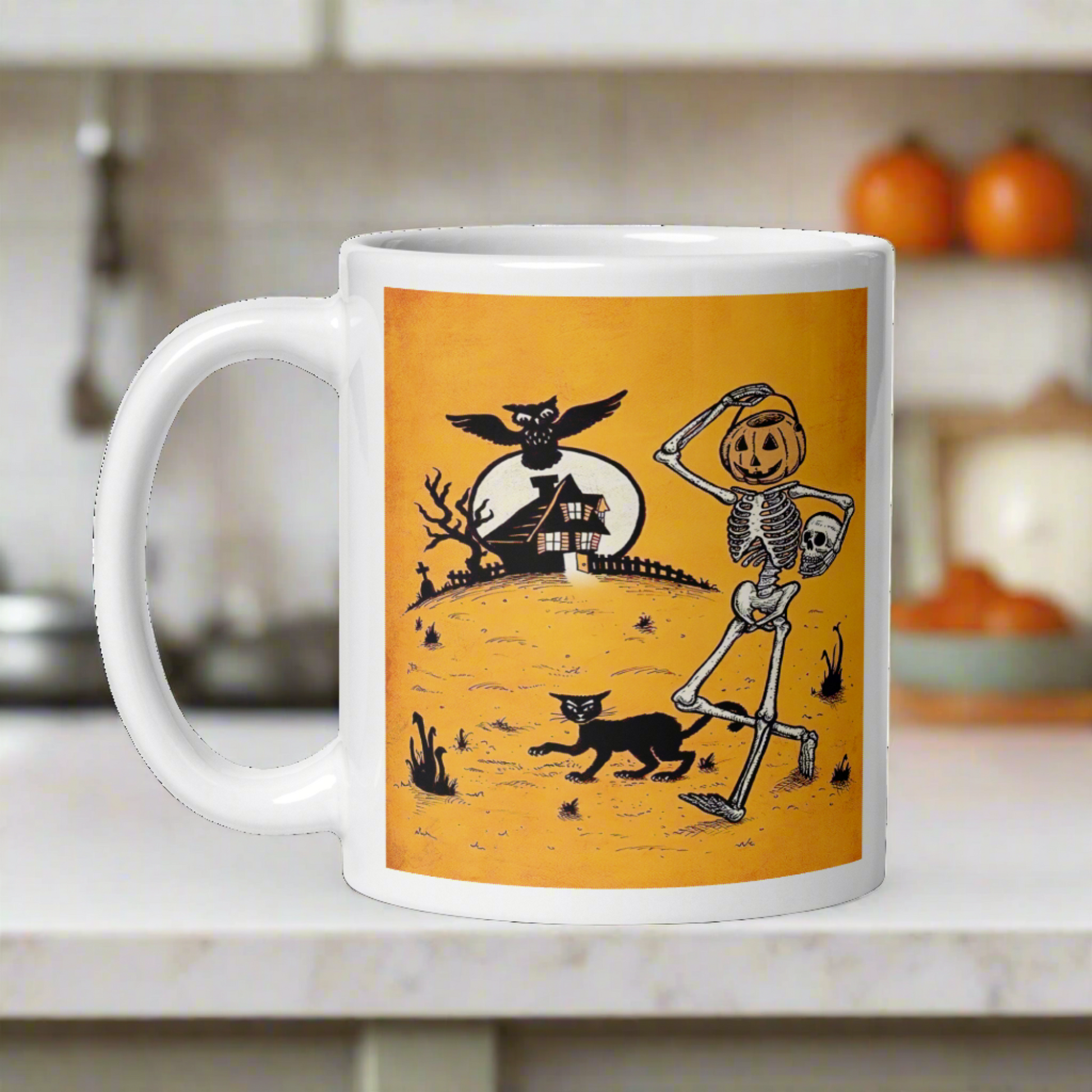 This ceramic glossy coffee mug features a vintage Halloween illustration of a skeleton with a jack o lantern for a head, a black cat, a black owl, a spooky house and a full moon. 