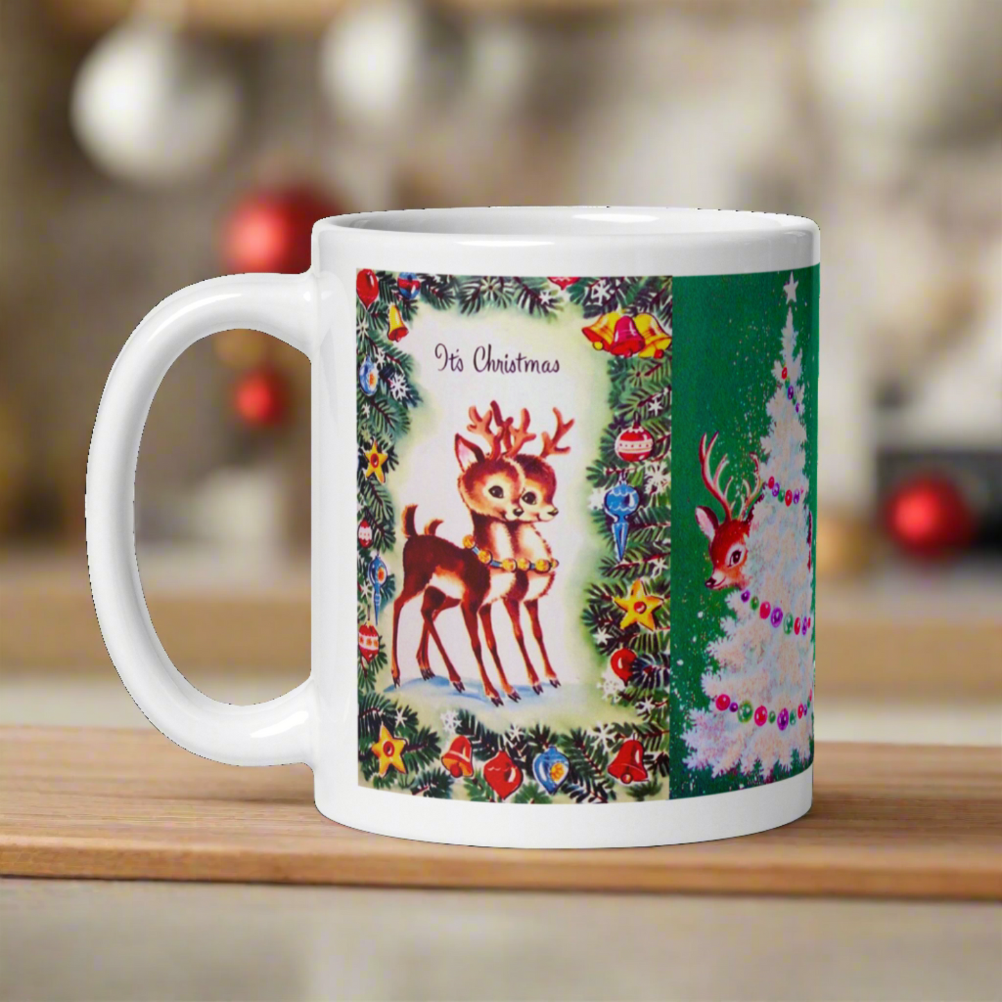 This ceramic coffee mug features four different vintage Christmas prints featuring different scenes with reindeer.