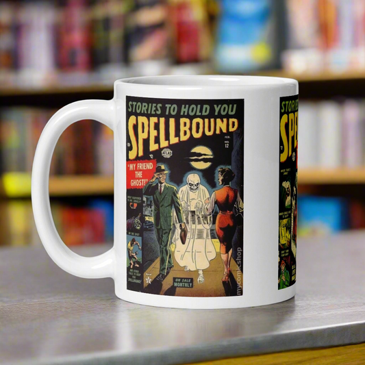 This ceramic glossy coffee mug features three covers from the vintage comic book Stories To Hold You Spellbound: My Friend The Ghost, The Living Mummy, and Almost Human,