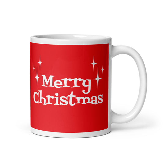 Merry Christmas Starburst Atomic Mid Century Retro Style Red And White Christmas Glossy Mug