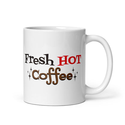 Fresh Hot Coffee Starburst Atomic Mid Century Retro Style White Glossy Coffee Mug