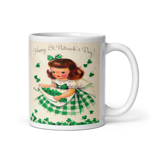 Mid Century Retro St. Patrick's Day Ceramic Coffee Mug - Kitschy Clover-Gathering Girl - Spring Decor - Three Size Options