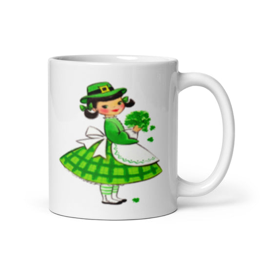 St. Patrick's Day Ceramic Coffee Mug - Mid Century Retro Irish Girl and Clover Print - Spring Kitsch Decor - Three Size Option