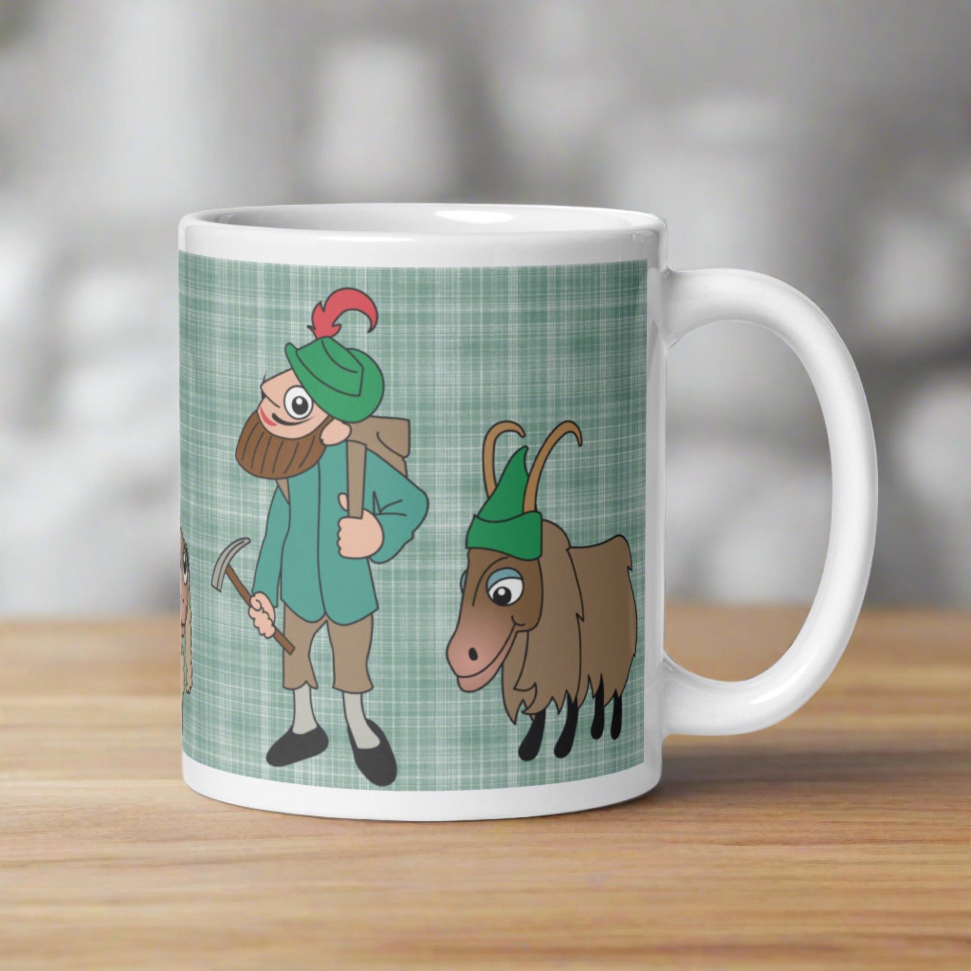 This ceramic glossy coffee mug features characters from the Lonely Goatherd scene in The Sound of Music with a plaid green background.