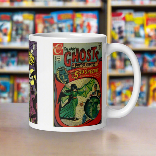 This glossy coffee mug features vintage horror comic book covers of The Many Ghosts of Dr. Graves. The three covers are issues #34 Oct, #55 Feb, and #24 February.