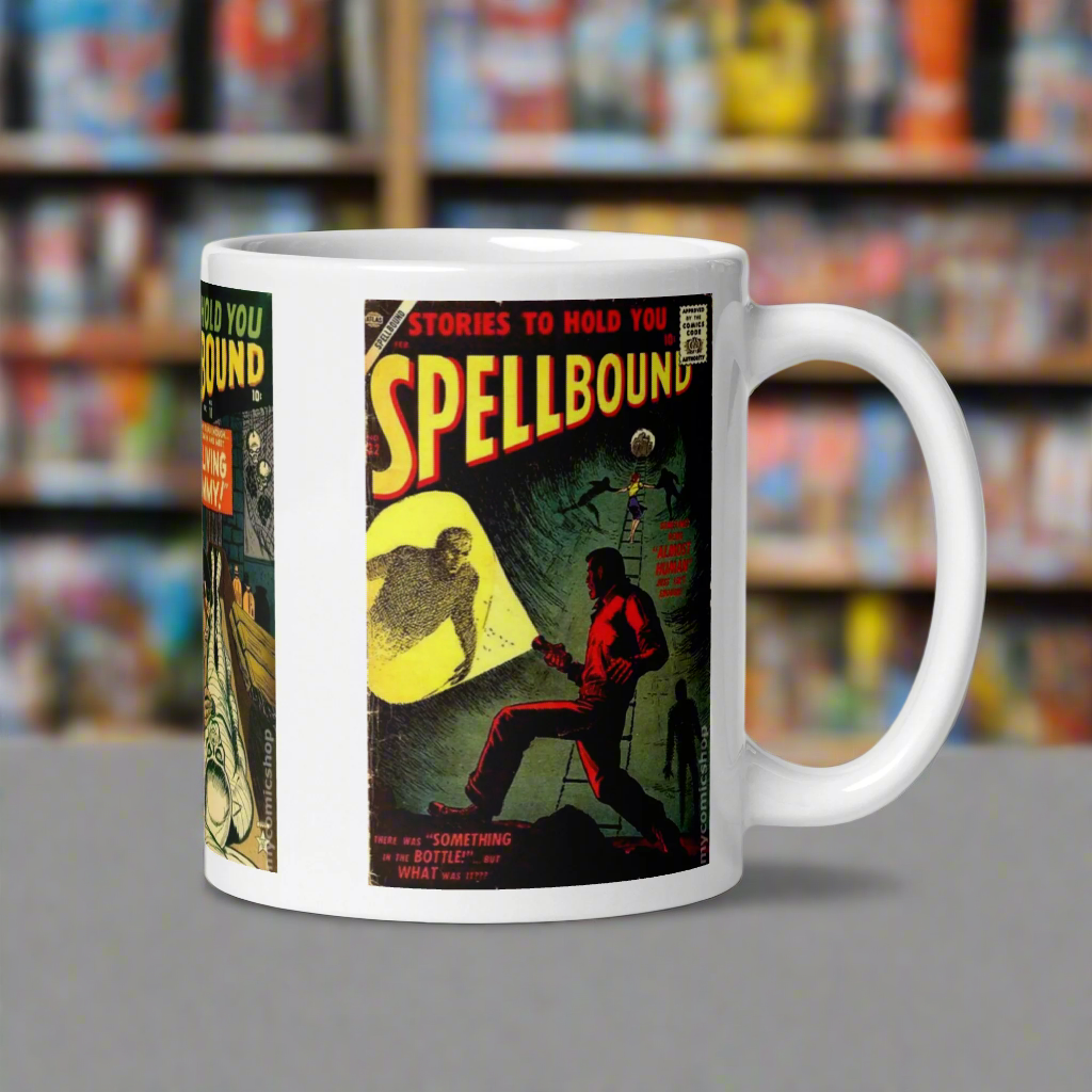 This ceramic glossy coffee mug features three covers from the vintage comic book Stories To Hold You Spellbound: My Friend The Ghost, The Living Mummy, and Almost Human,