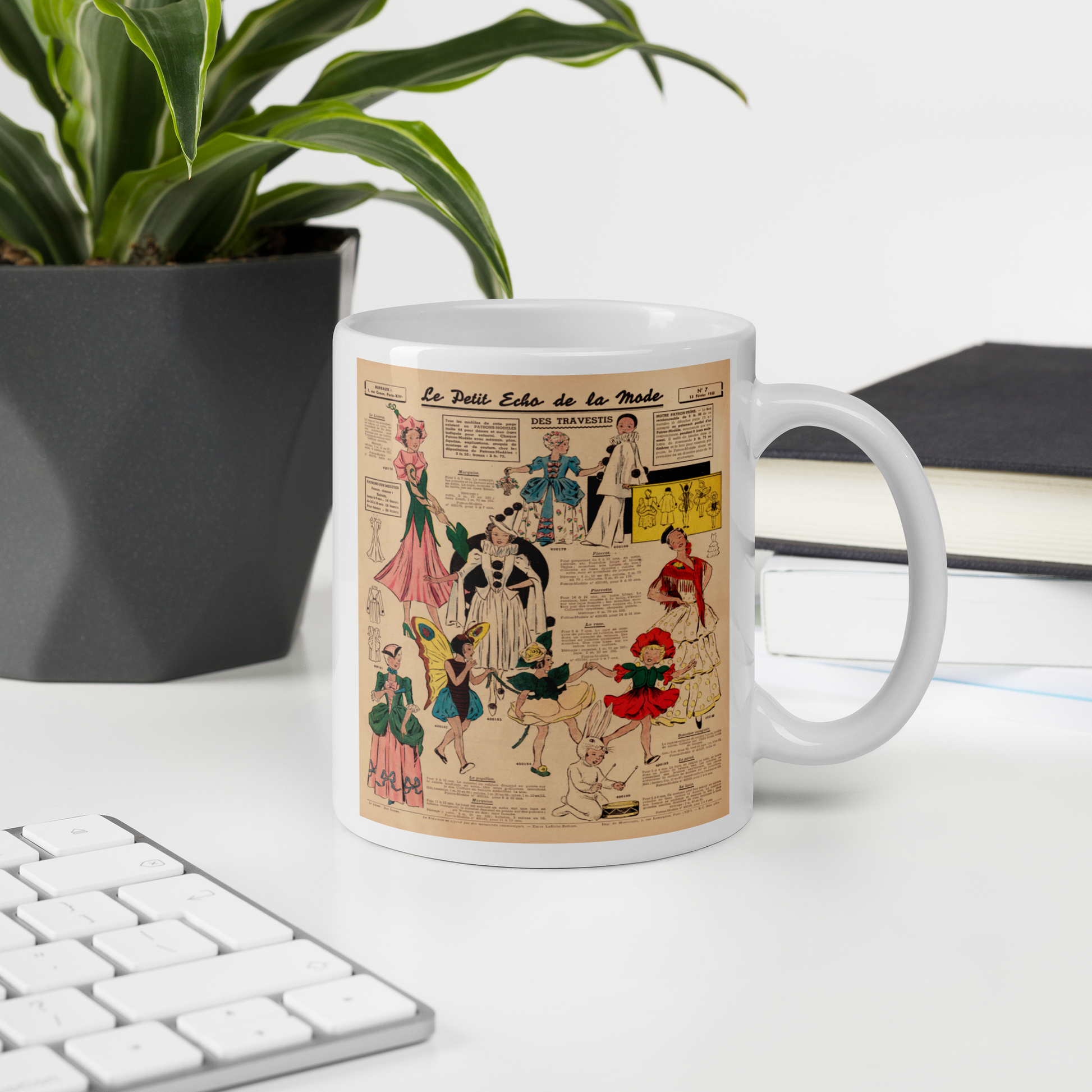 This ceramic glossy coffee mug features a page from a French Magazine from 1938 featuring Halloween Costume patterns.