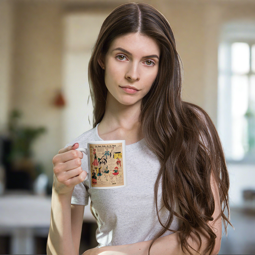 This ceramic glossy coffee mug features a page from a French Magazine from 1938 featuring Halloween Costume patterns.