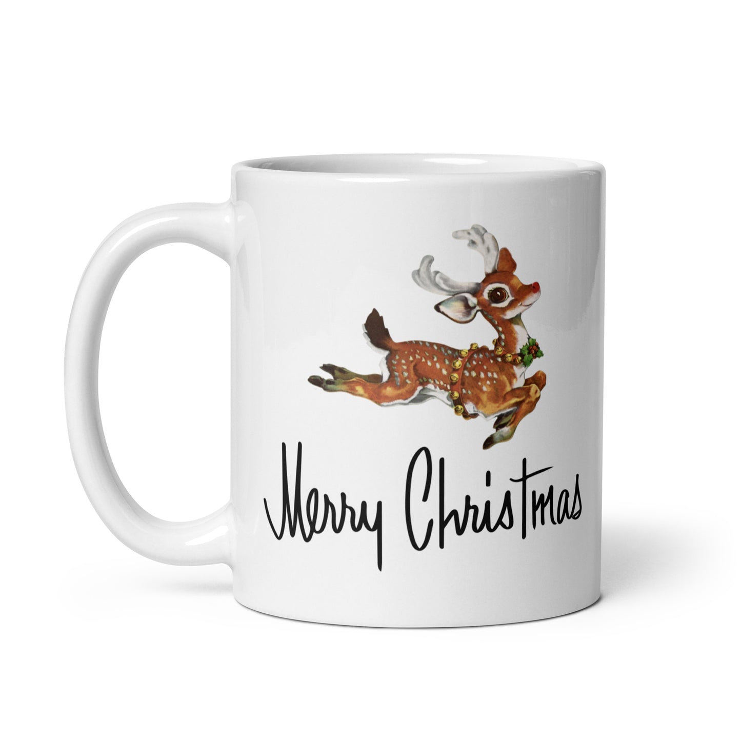 Merry Christmas Leaping Reindeer Mid Century Retro Christmas Print Glossy Mug