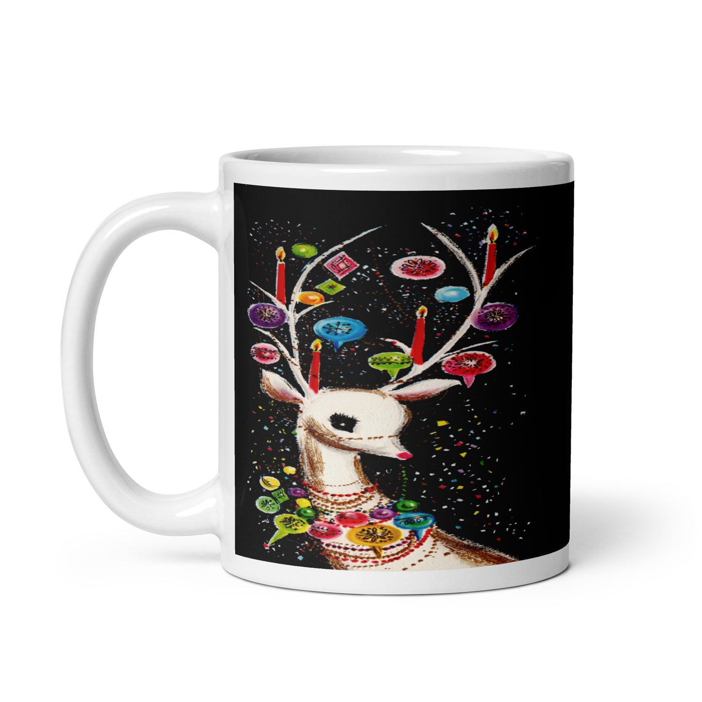 Reindeer With Ornaments Black Mid Century Retro Christmas Print Glossy Mug