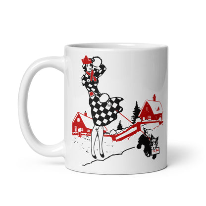 Christmas Woman And Dog Art Deco Retro Christmas Print Glossy Coffee Mug