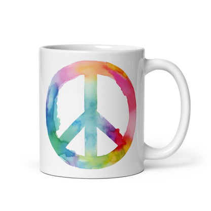 Rainbow Watercolor Peace Sign White Glossy Coffee Mug