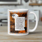 This glossy ceramic coffee mug features a vintage Halloween print of a poem titled Magic by John Martin. The illustration features a full moon, jack o'lantern, black cat, owls, bats and a clock.