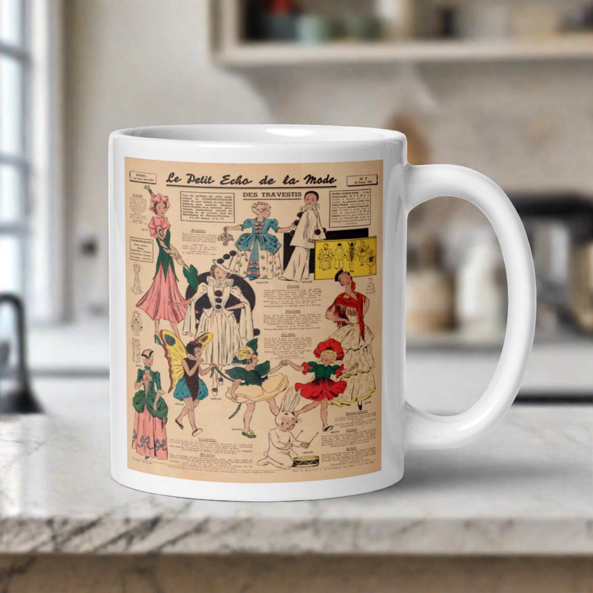 This ceramic glossy coffee mug features a page from a French Magazine from 1938 featuring Halloween Costume patterns.