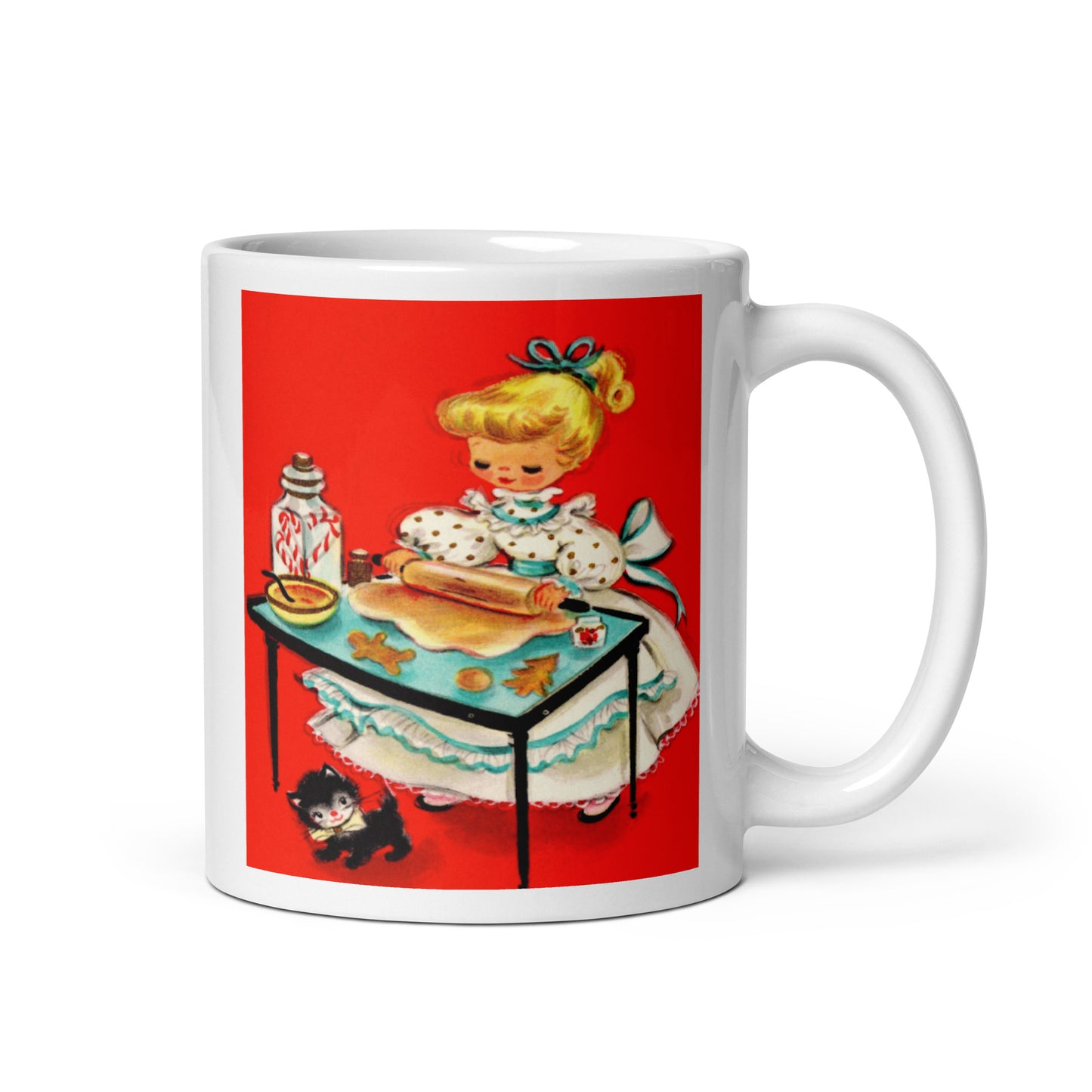 Christmas Lady Making Christmas Cookies With Kitten Mid Century Retro Christmas Print Glossy Coffee Mug