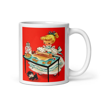 Christmas Lady Making Christmas Cookies With Kitten Mid Century Retro Christmas Print Glossy Coffee Mug