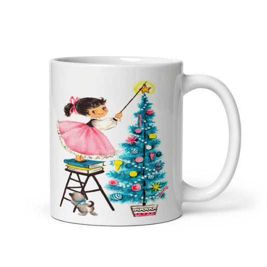 Little Girl Placing Star On Top Of Christmas Tree With Kitten Mid Century Retro Christmas Print Glossy Coffee Mug