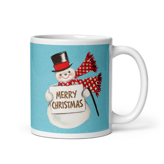 Merry Christmas Snowman Blue Background Mid Century Retro Christmas Print White Glossy Mug