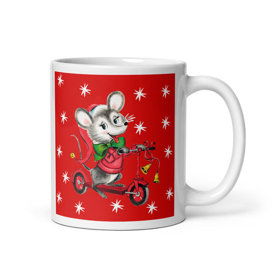 Christmas Mouse On Scooter Stars Red Mid Century Retro Christmas Print Glossy Mug