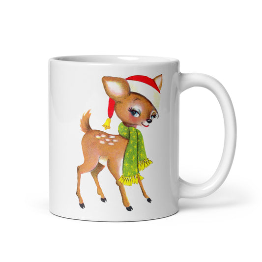 Season's Greetings Cute Reindeer In Santa Hat Mid Century Retro Christmas Print White Glossy Mug