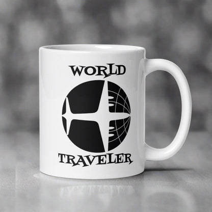 World Traveler Airplane Globe Atomic Mid Century Retro Travel Print White Glossy Mug