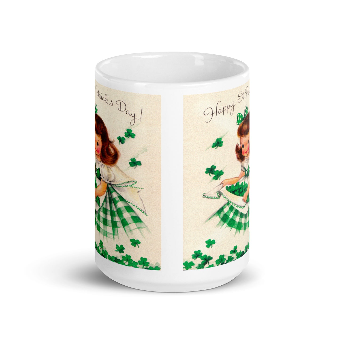 Mid Century Retro St. Patrick's Day Ceramic Coffee Mug - Kitschy Clover-Gathering Girl - Spring Decor - Three Size Options