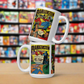 This white glossy mug features three covers from vintage comic book covers of Frankenstein. 