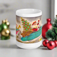 This ceramic glossy coffee mug features a midcentury Christmas illustration of Santa in a teal blue car convertible with a christmas tree in the back seat, the car is pulling his pink sleigh of presents.