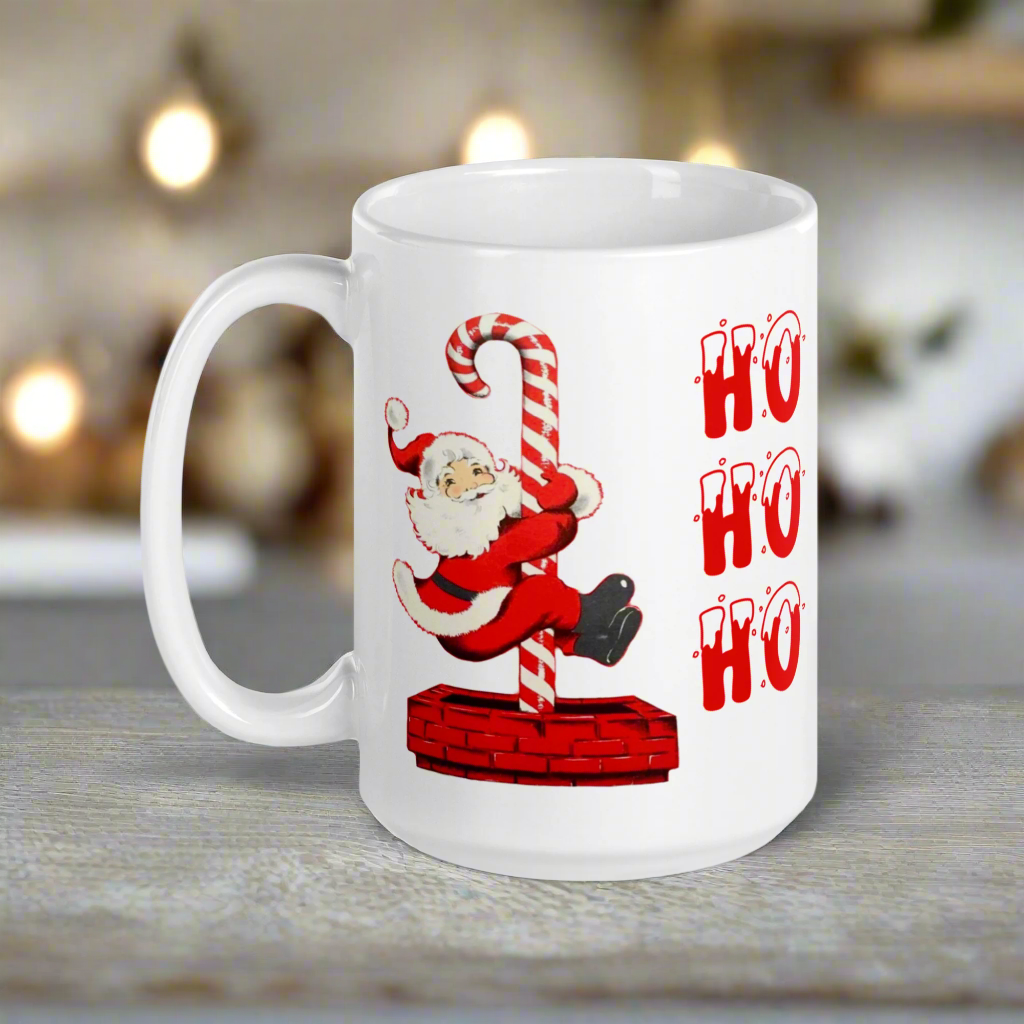 Ho Ho Ho Santa Sliding Down Candy Cane Chimney Mid Century Retro Christmas Print White Glossy Mug