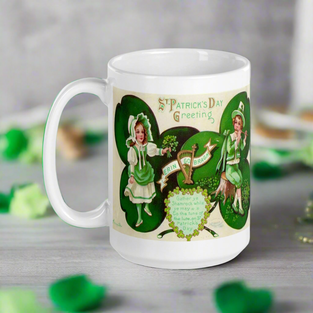 This glossy coffee mug features a retro illustration that says St. Patrick's Day Erin Go Bragh, alongside a festive Irish blessing:
"Gather ya Shamrock while ye may, Go to the tune of the lute on St. Patrick’s Day."