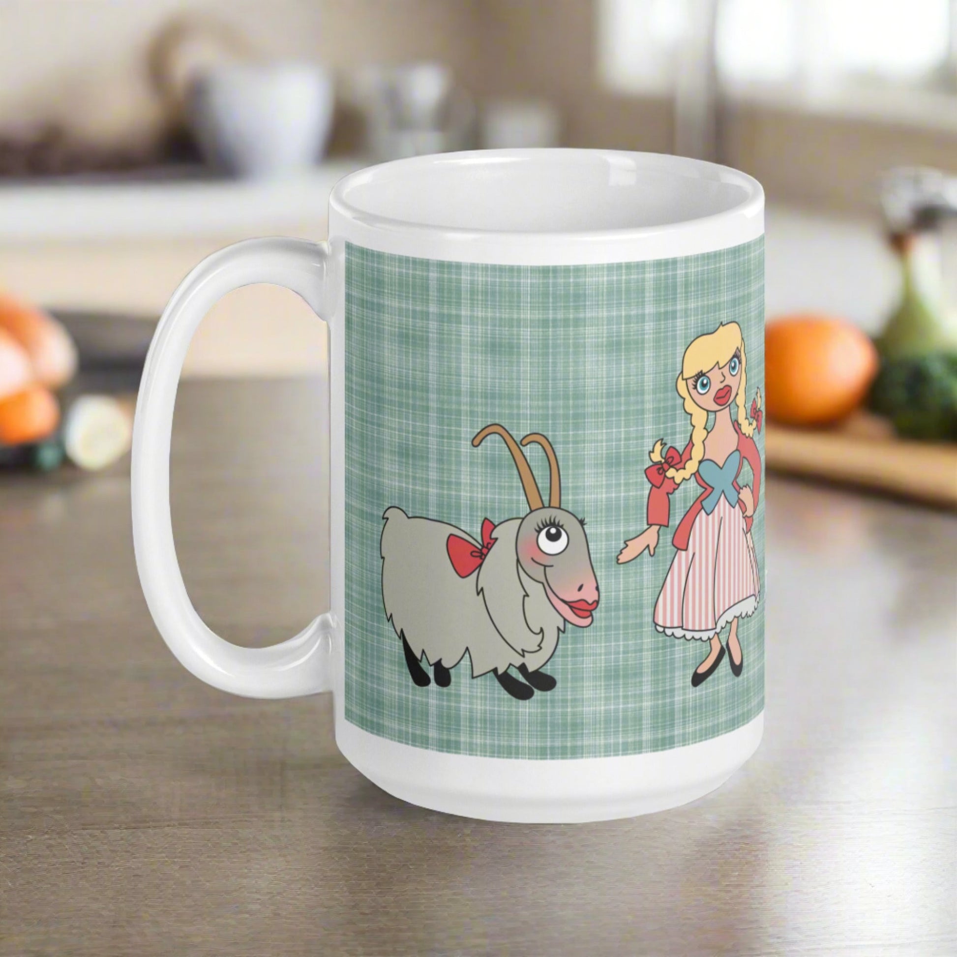 This ceramic glossy coffee mug features characters from the Lonely Goatherd scene in The Sound of Music with a plaid green background.