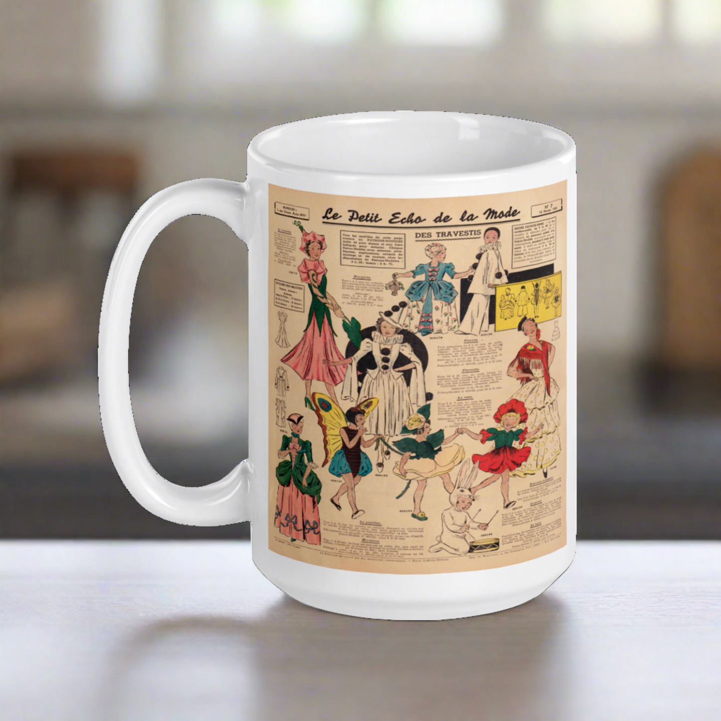 This ceramic glossy coffee mug features a page from a French Magazine from 1938 featuring Halloween Costume patterns.