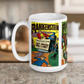 This white glossy mug features three covers from vintage comic book covers of Frankenstein. 