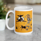 This ceramic glossy coffee mug features a vintage Halloween illustration of a skeleton with a jack o lantern for a head, a black cat, a black owl, a spooky house and a full moon. 