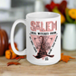 This ceramic glossy mug says Salem Local Witches Union and features a pointy pink and black witch's hat. It says Sky Above Earth Below Peace Within Est 1692.