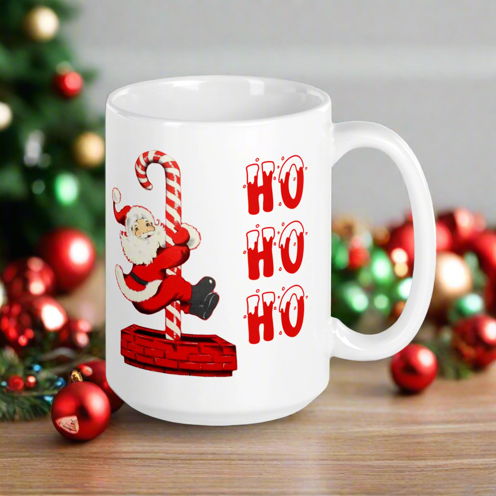 Ho Ho Ho Santa Sliding Down Candy Cane Chimney Mid Century Retro Christmas Print White Glossy Mug