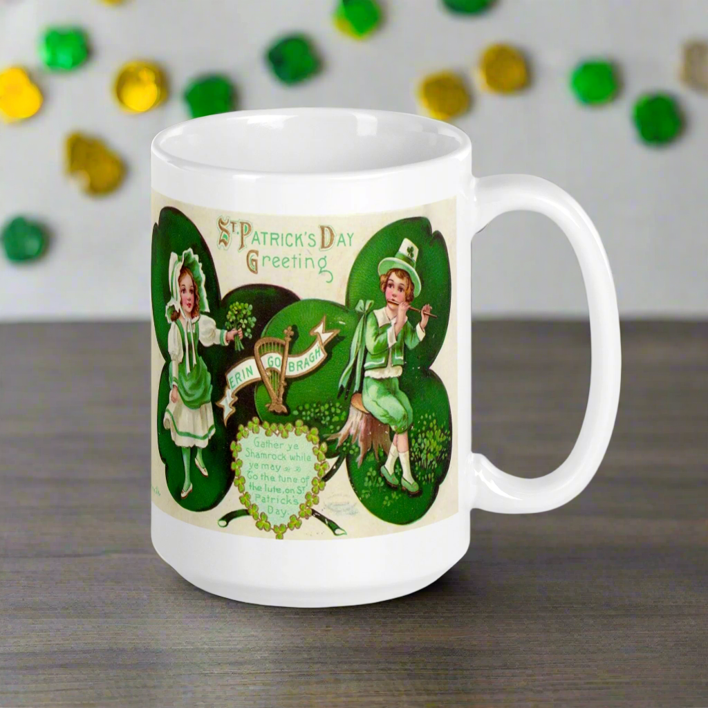 This glossy coffee mug features a retro illustration that says St. Patrick's Day Erin Go Bragh, alongside a festive Irish blessing:
"Gather ya Shamrock while ye may, Go to the tune of the lute on St. Patrick’s Day."