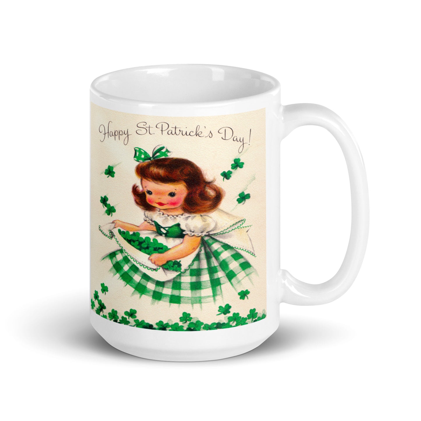 Mid Century Retro St. Patrick's Day Ceramic Coffee Mug - Kitschy Clover-Gathering Girl - Spring Decor - Three Size Options