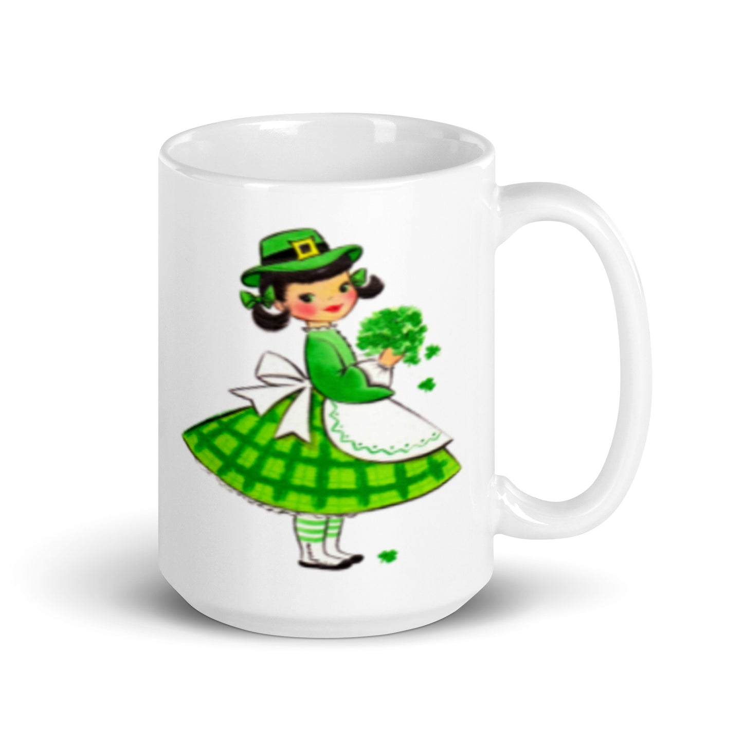 St. Patrick's Day Ceramic Coffee Mug - Mid Century Retro Irish Girl and Clover Print - Spring Kitsch Decor - Three Size Option