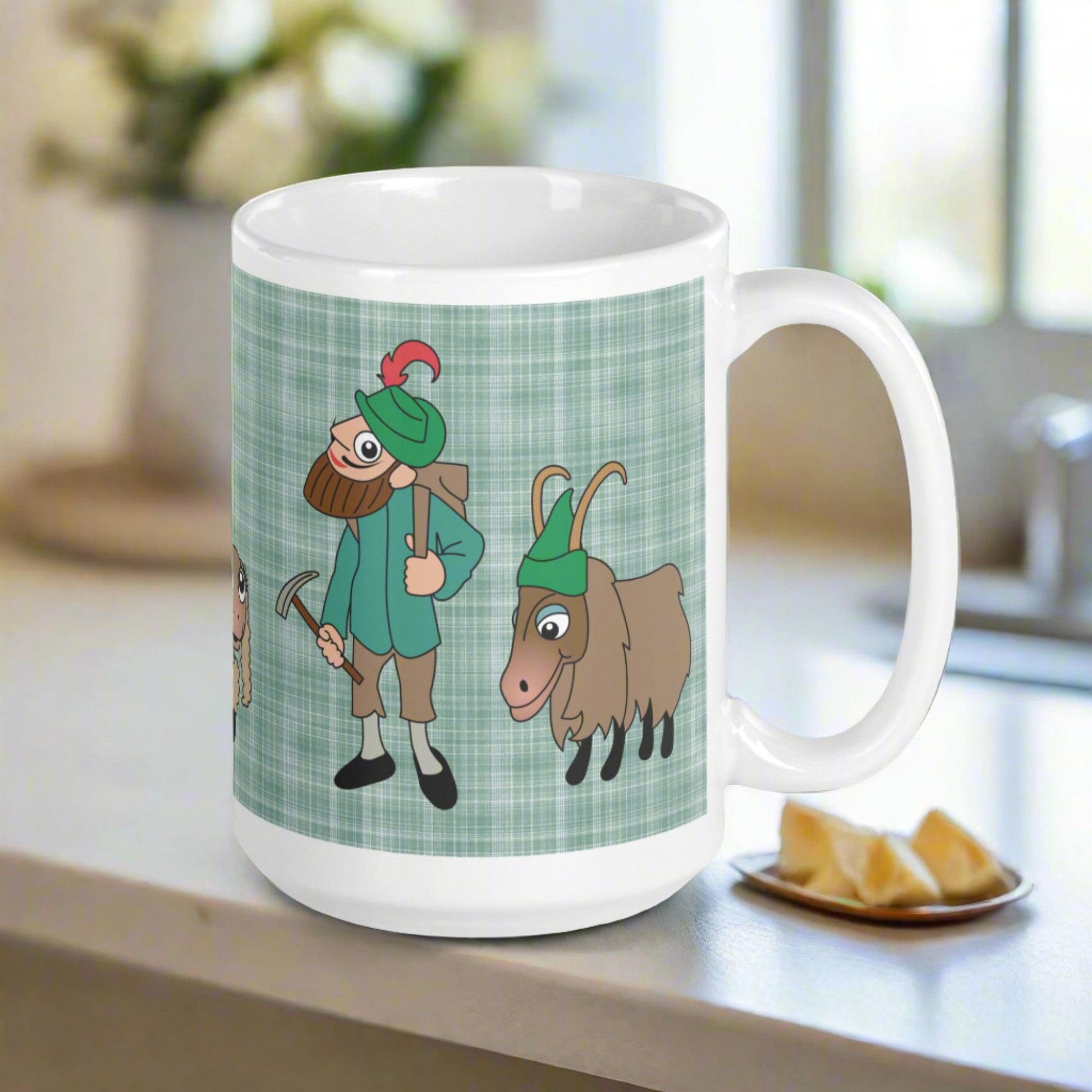 This ceramic glossy coffee mug features characters from the Lonely Goatherd scene in The Sound of Music with a plaid green background.